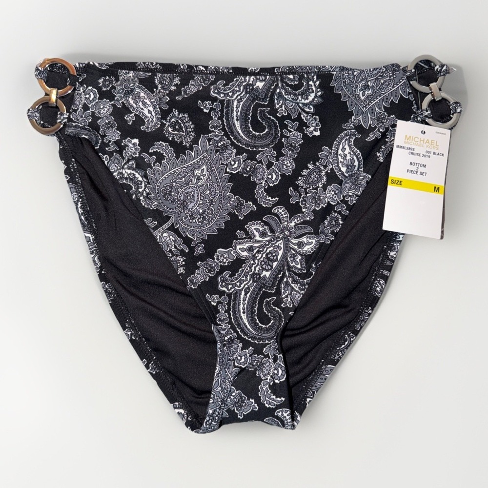 Michael Kors Women's Sweetheart Paisley Black Bandeau Bikini Top & Bottom Size M - Picture 3 of 7